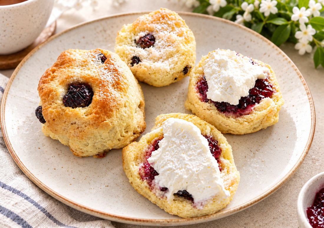 Freshly baked golden scones studded with dried Inca berries, served on a plate with clotted cream and jam.