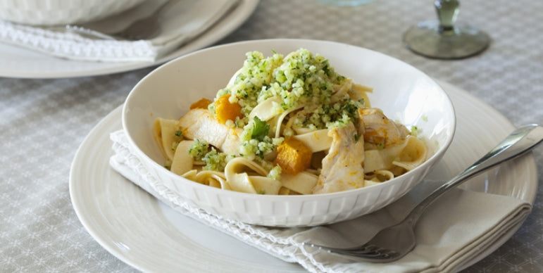 Fettuccine with Pumpkin, Chicken and Macadamia