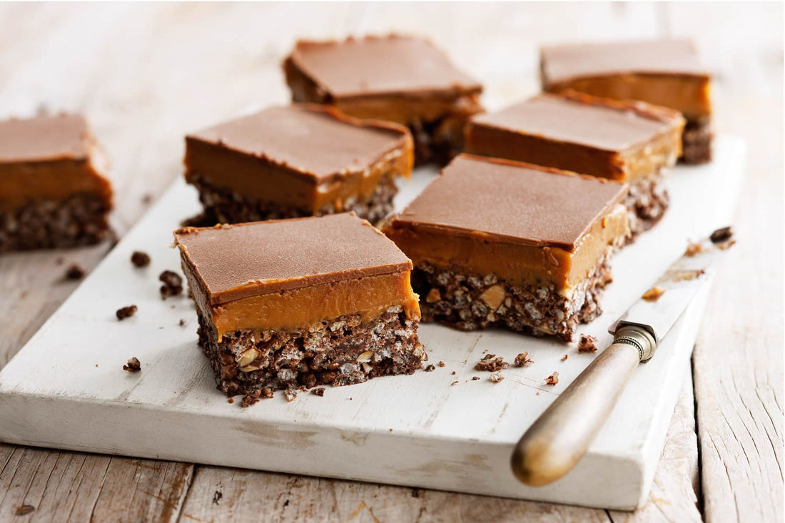 Chocolate Crackle Peanut Caramel Slice