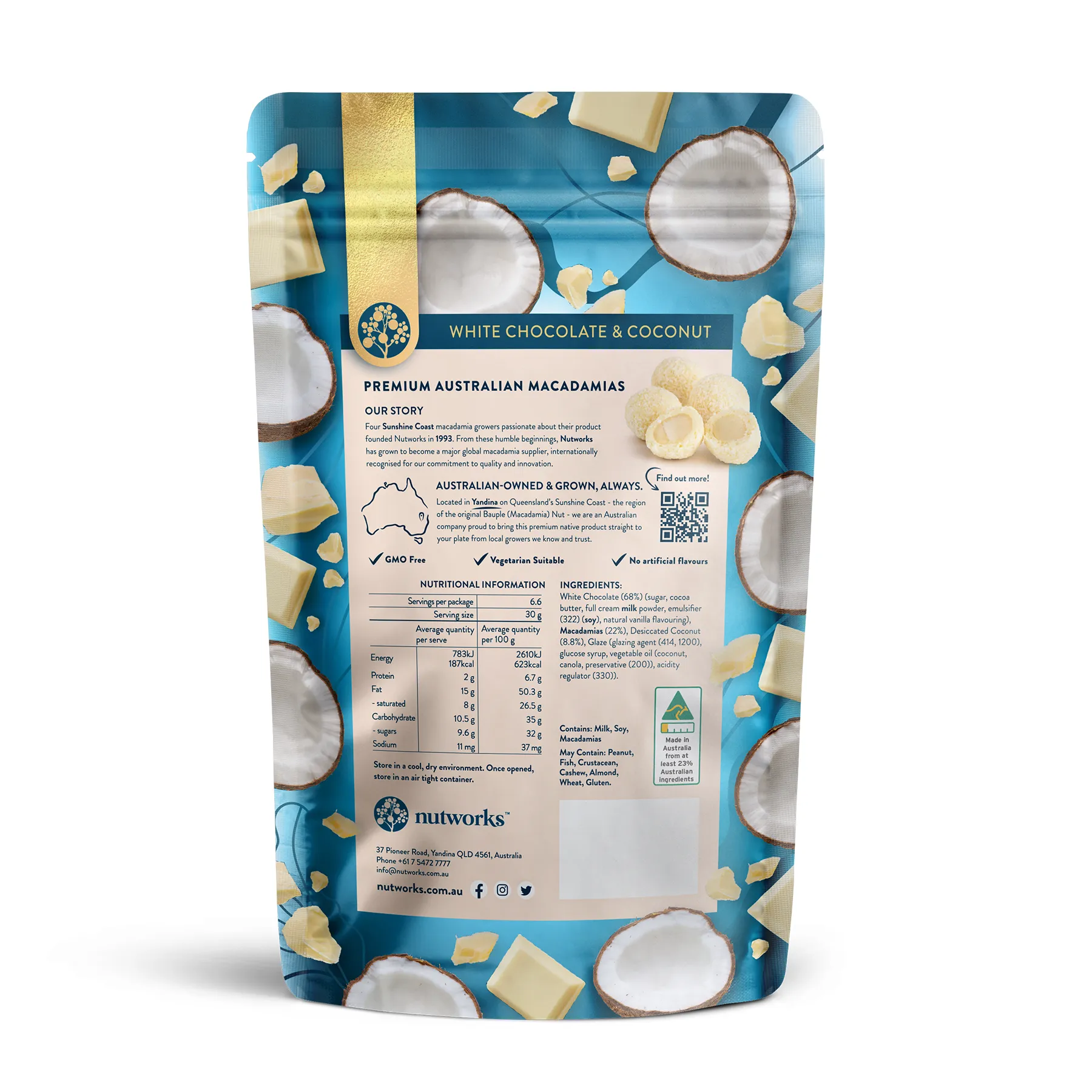 Back Gourmet snack Packaging Nutworks White Chocolate Coconut Covered Macadamia Nuts 