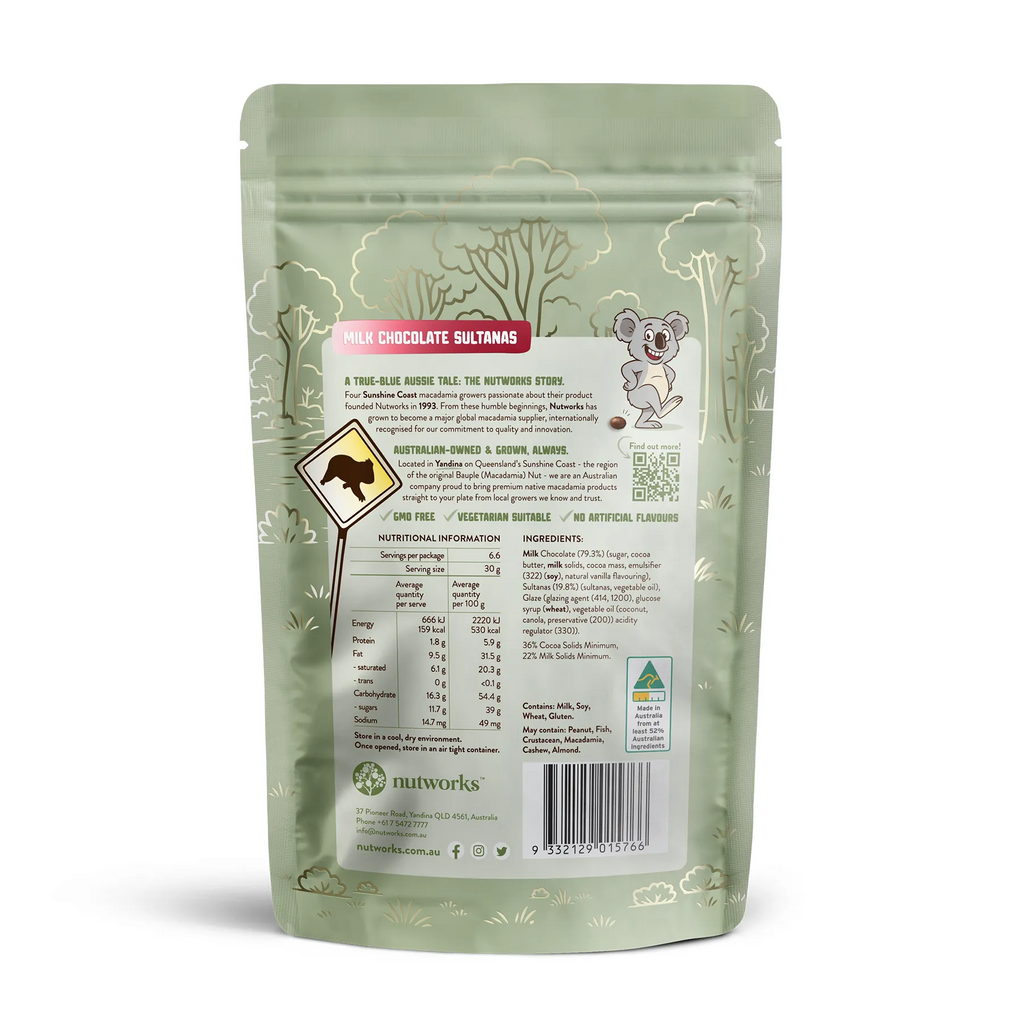 Back Green Nutworks Milk Chocolate Sultanas packaging of a snack with a label Nutritional information on a white background