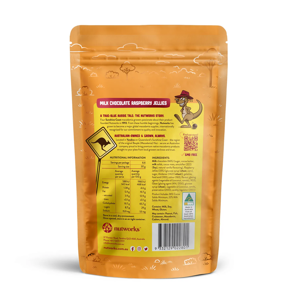 back packing Nutworks milk chocolate raspberry jellies snack packaging with nutritional information on a white background