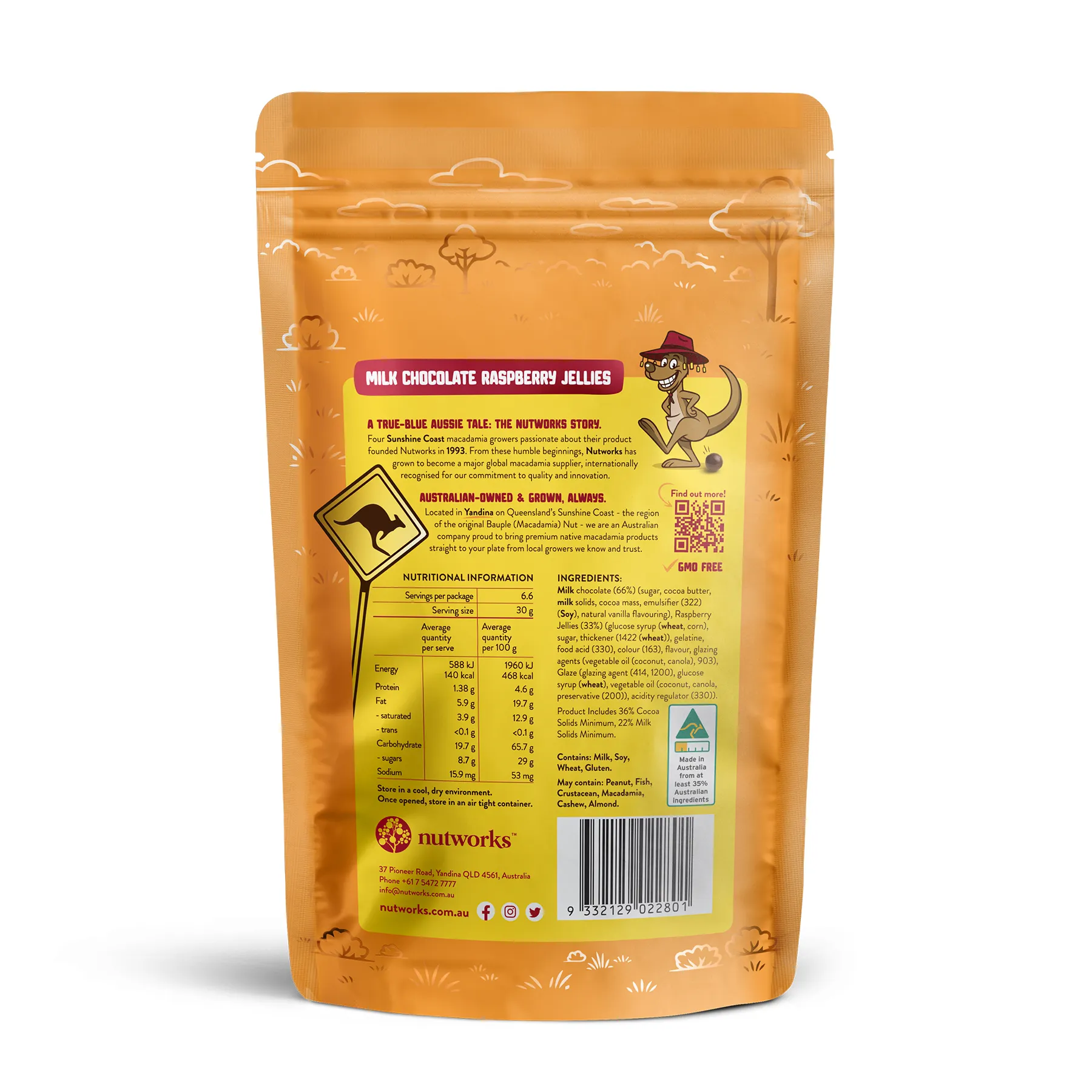 back packing Nutworks milk chocolate raspberry jellies snack packaging with nutritional information on a white background