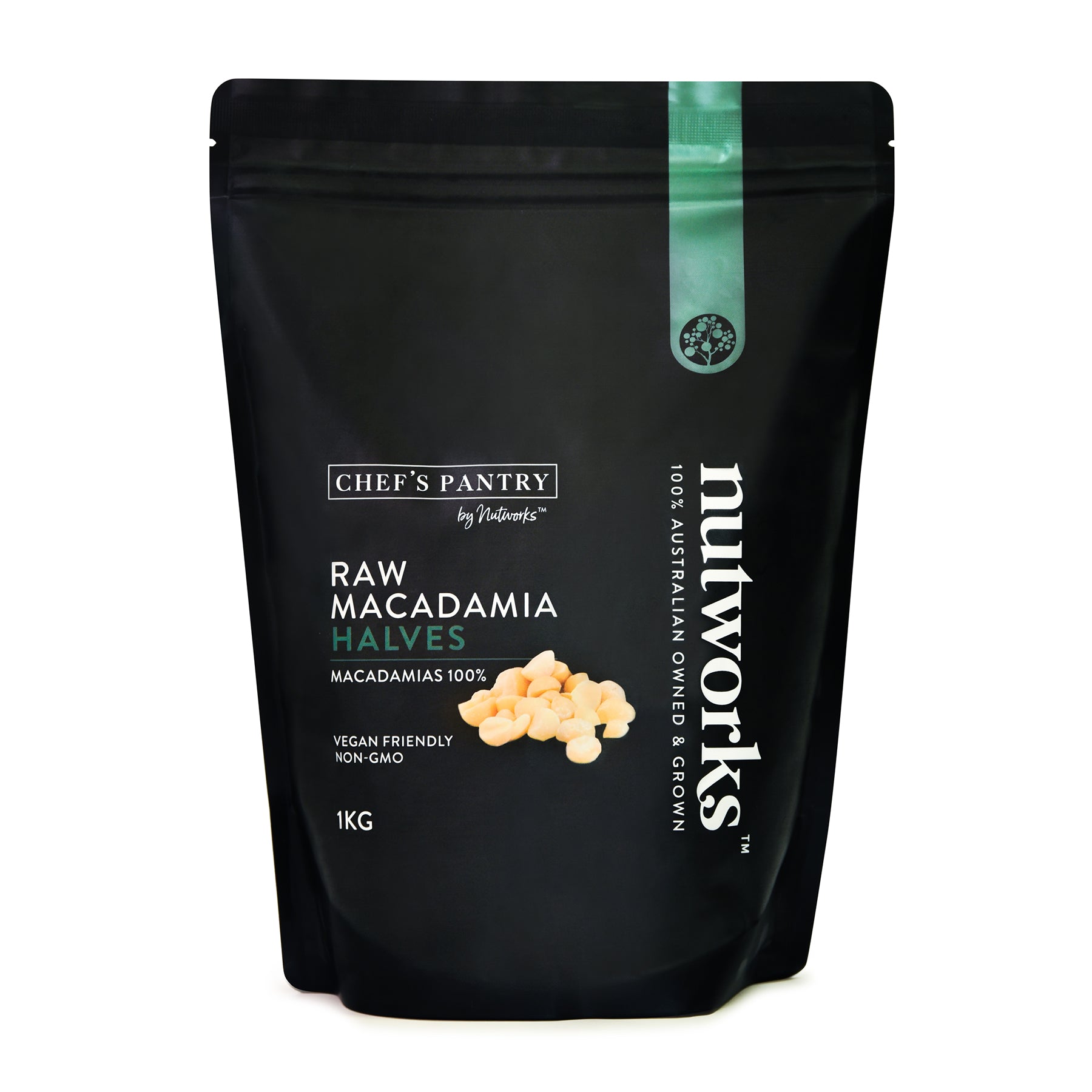 Nutworks front of Packaging of Chef's Pantry by Del Monte Raw Macadamia Halves and Quarters, 1kg.