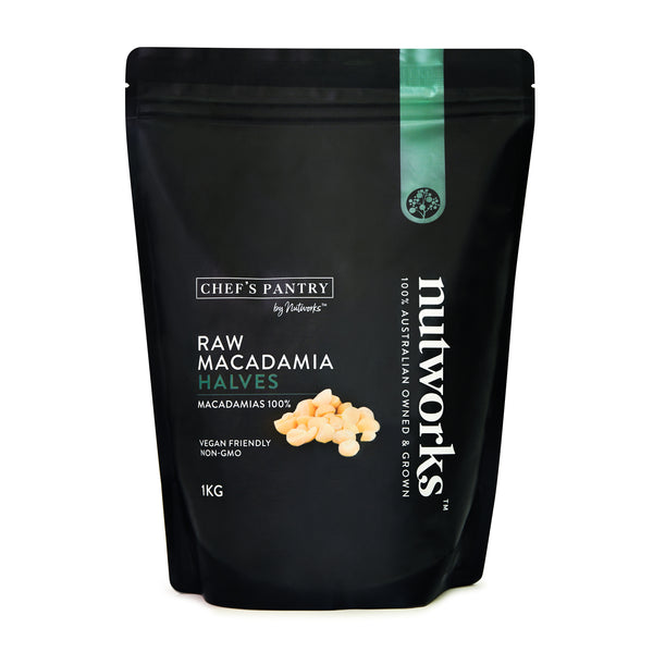Nutworks front of Packaging of Chef's Pantry by Del Monte Raw Macadamia Halves and Quarters, 1kg.