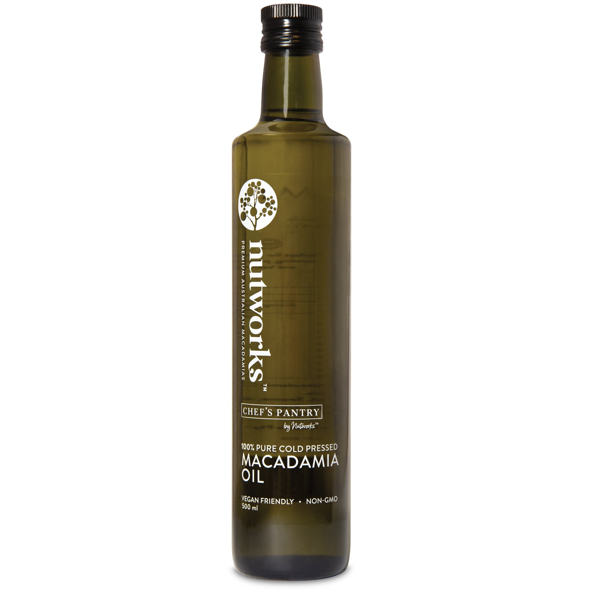 A bottle of macadamia oil 500 ml with a label that includes the brand name 'Nutworks' and the product name 'Macadamia Oil'. The bottle is dark glass with a white label and green text.