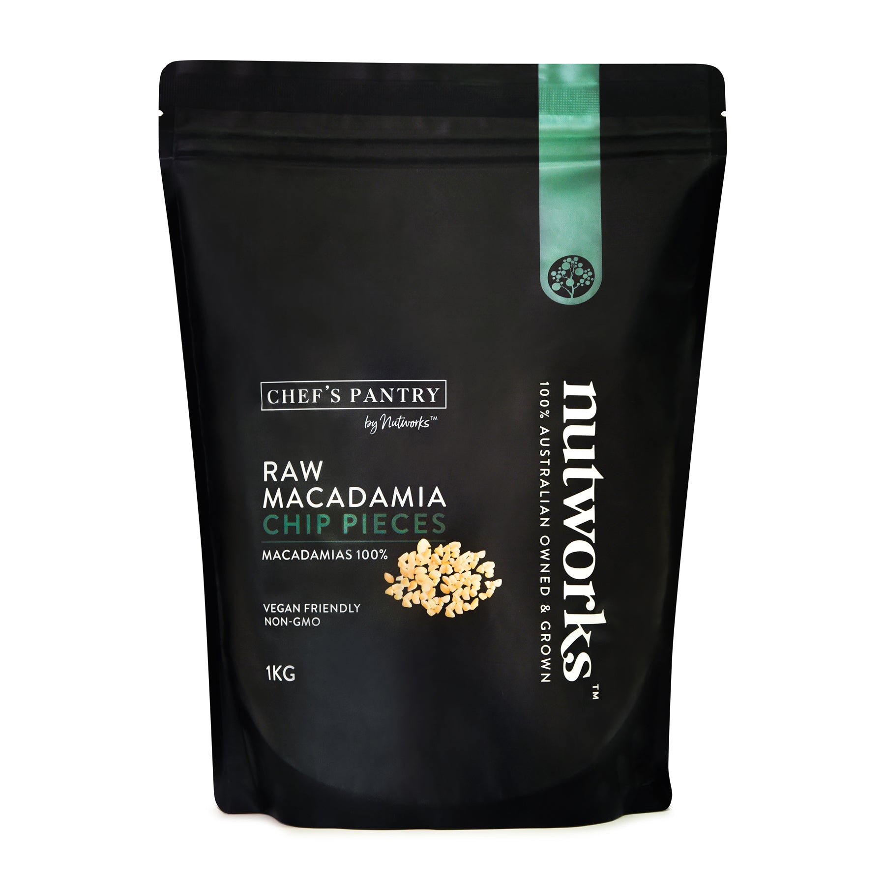 1kg Nutworks' black packing of raw macadamia chip pieces