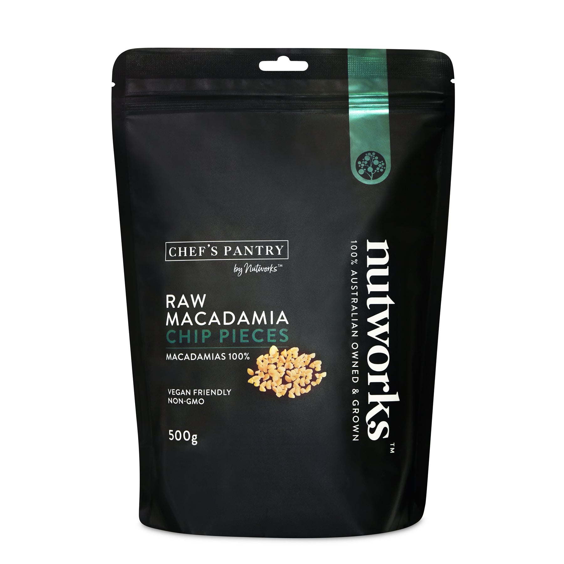 A package of Chef's Pantry Raw Macadamia Chip Pieces in a 500g black bag from Nutworks.