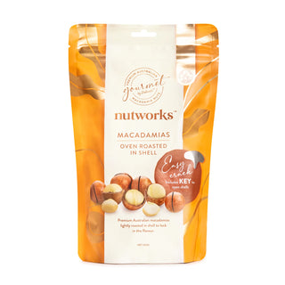 200g Packaging of Nutworks macadamia nuts oven roasted in shell on a white background