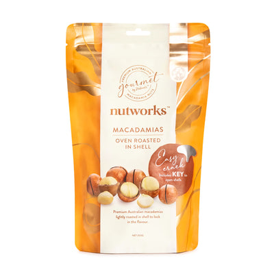 200g Packaging of Nutworks macadamia nuts oven roasted in shell on a white background