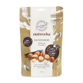 200g Packaging of Nutworks Easy crack Macadamias Vanilla in Shell Snack with a key for easy cracking a white background