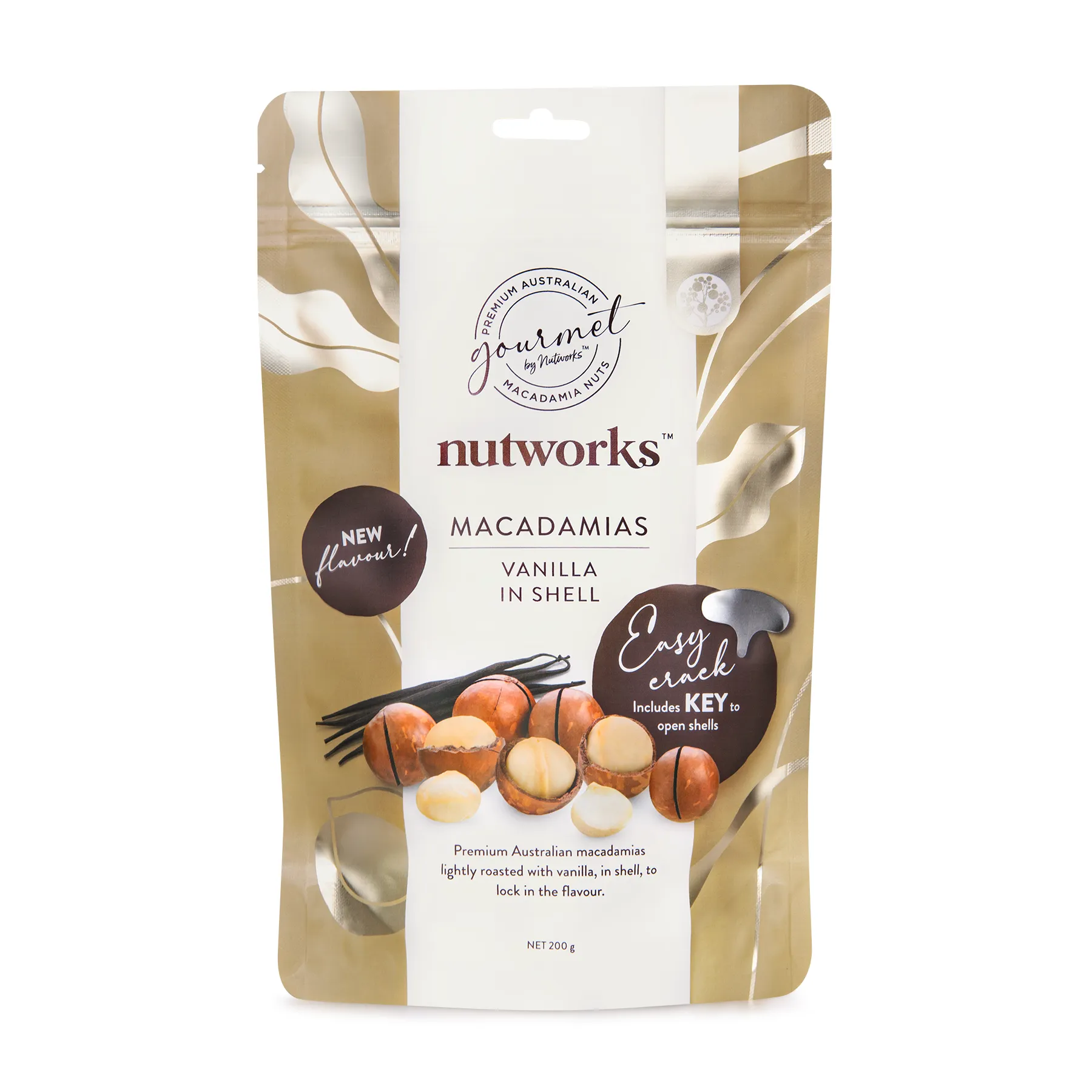 200g Packaging of Nutworks Easy crack Macadamias Vanilla in Shell Snack with a key for easy cracking a white background