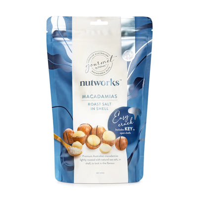 Front 200g Packaging of Nutworks roast salt in shell macadamia nuts with blue and white design