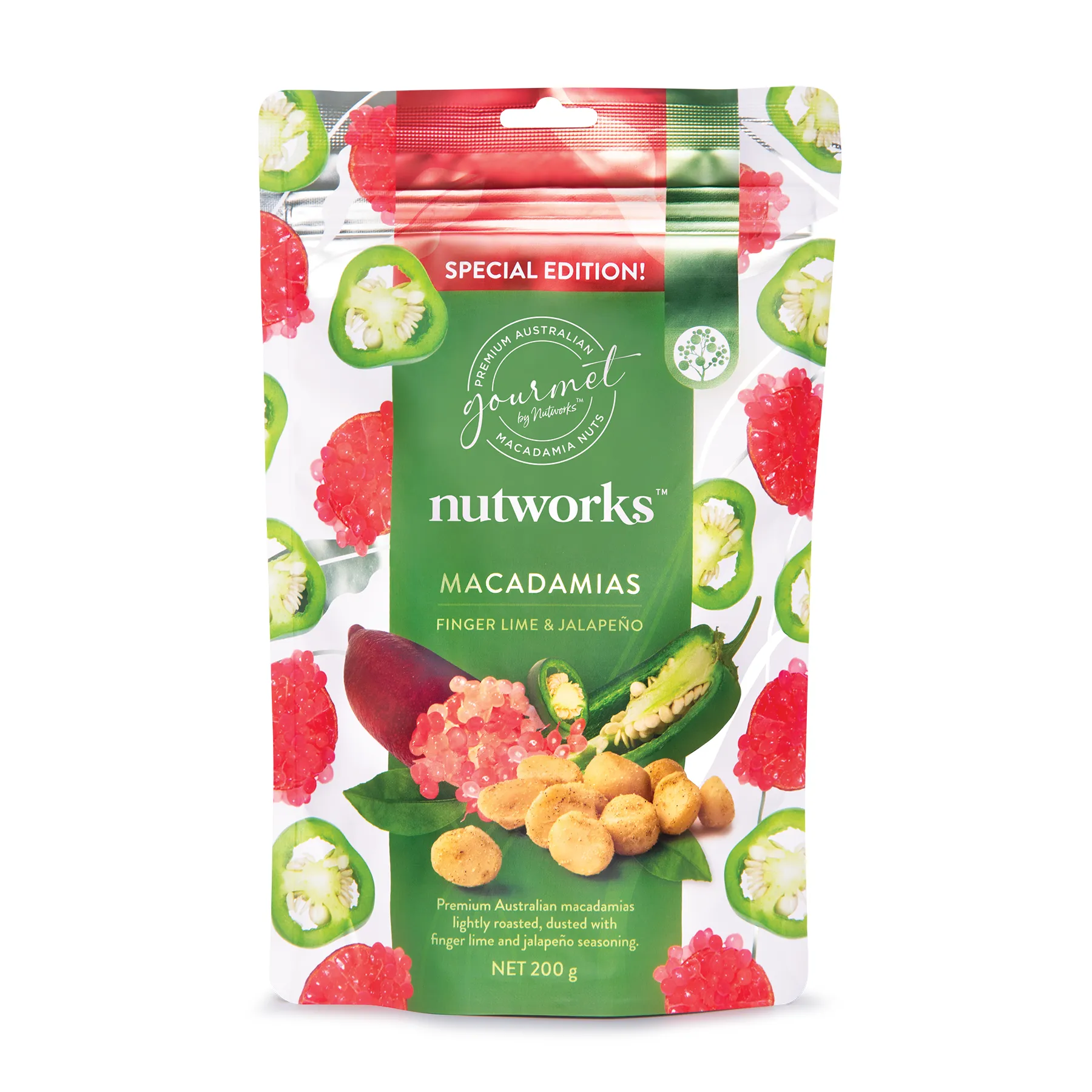 200g Packaging of Nutworks Macadamia nuts with finger lime and jalapeno flavour, snack on a white background.