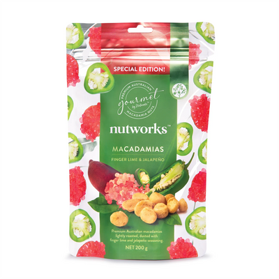 200g Packaging of Nutworks Macadamia nuts with finger lime and jalapeno flavour, snack on a white background.