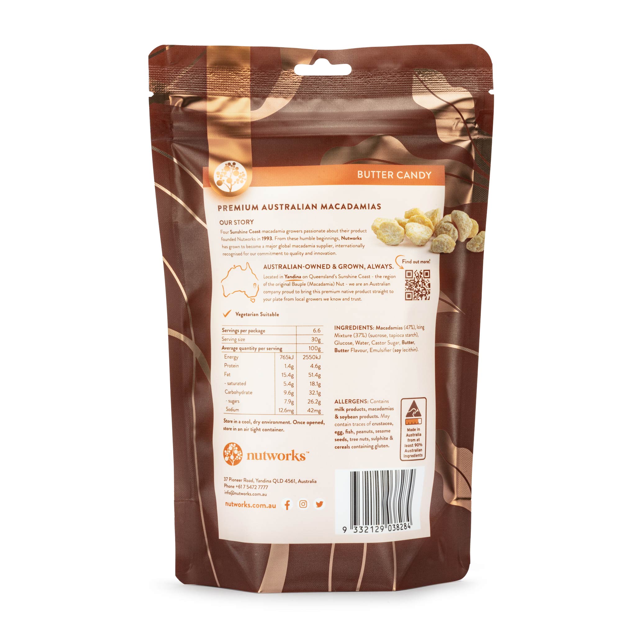 Back of the packaging of Nutworks Butter Candy Macadamias showing the product nutrition information.