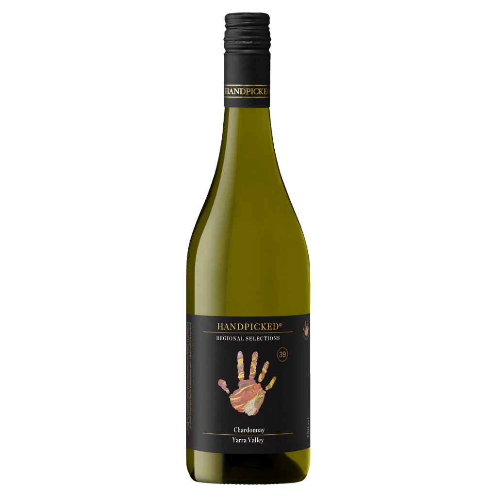 A bottle of Handpicked Yarra Valley Chardonnay with a label showing a hand and text indicating the wine variety and region.