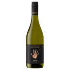 A bottle of Handpicked Yarra Valley Chardonnay with a label showing a hand and text indicating the wine variety and region.