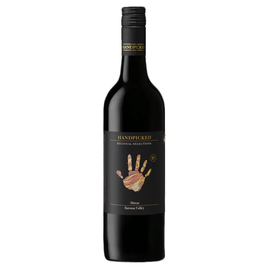 A bottle of Handpicked Barossa Valley Shiraz wine with a black label featuring a hand illustration.