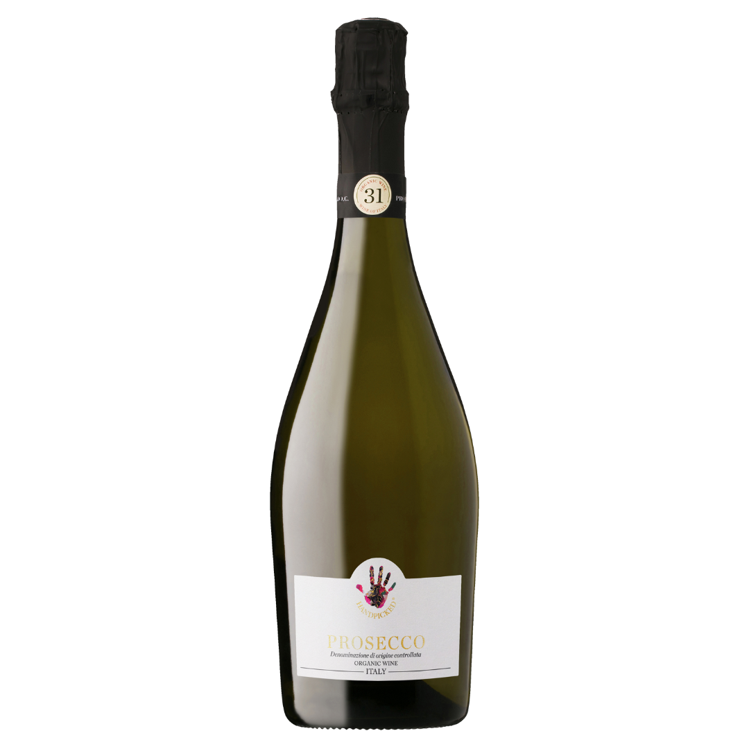 A bottle of Handpicked Prosecco Veneto DOC NV sparkling wine with a label that includes the name and the region of origin.
