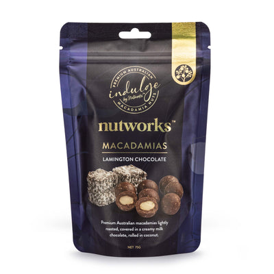 75g Nutworks Lamington Chocolate Coated Macadamia Nuts Premium Packaging Bag