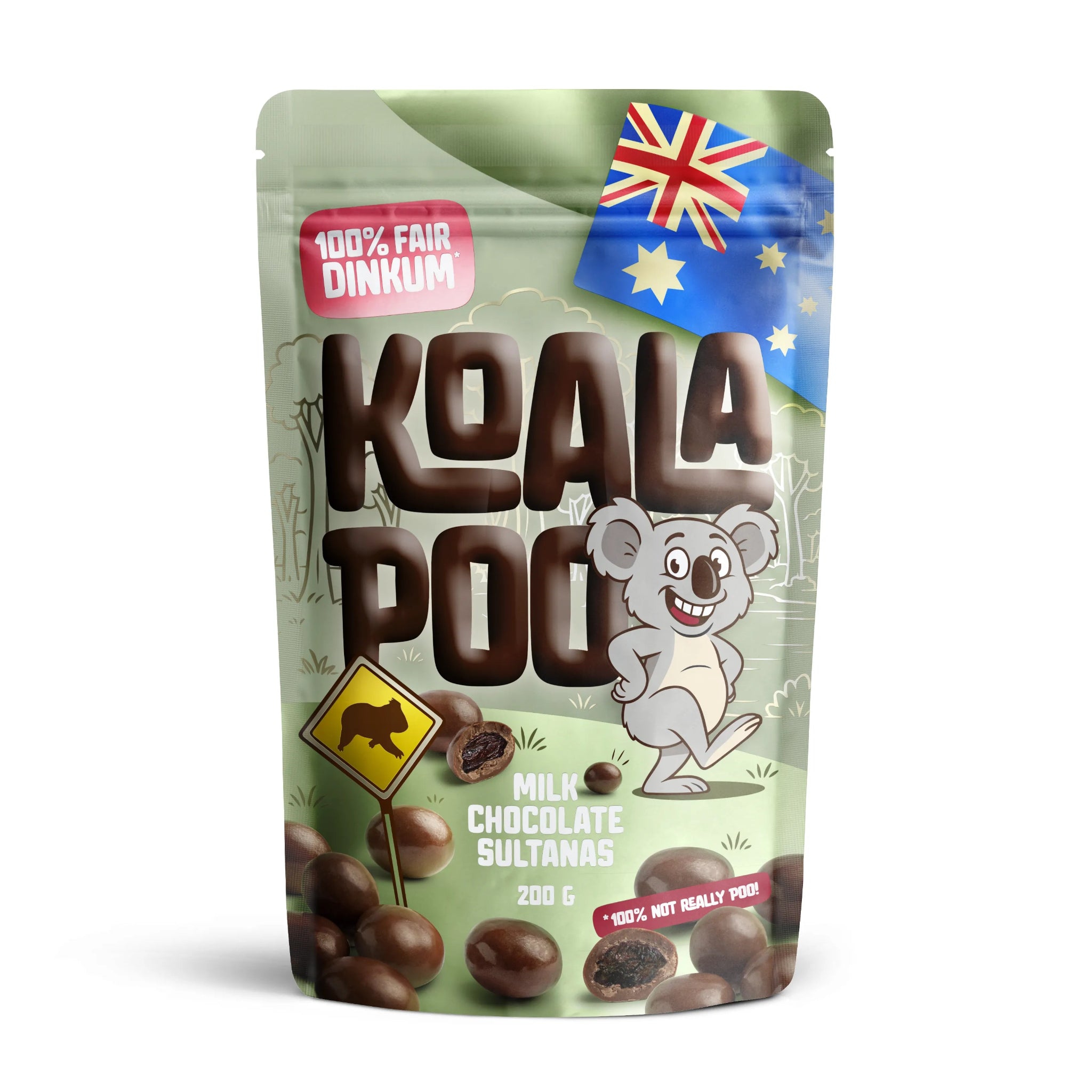 Front Nutworks Koala Poo Milk chocolate Sultanas product  packaging with a koala illustration and Australian elements.