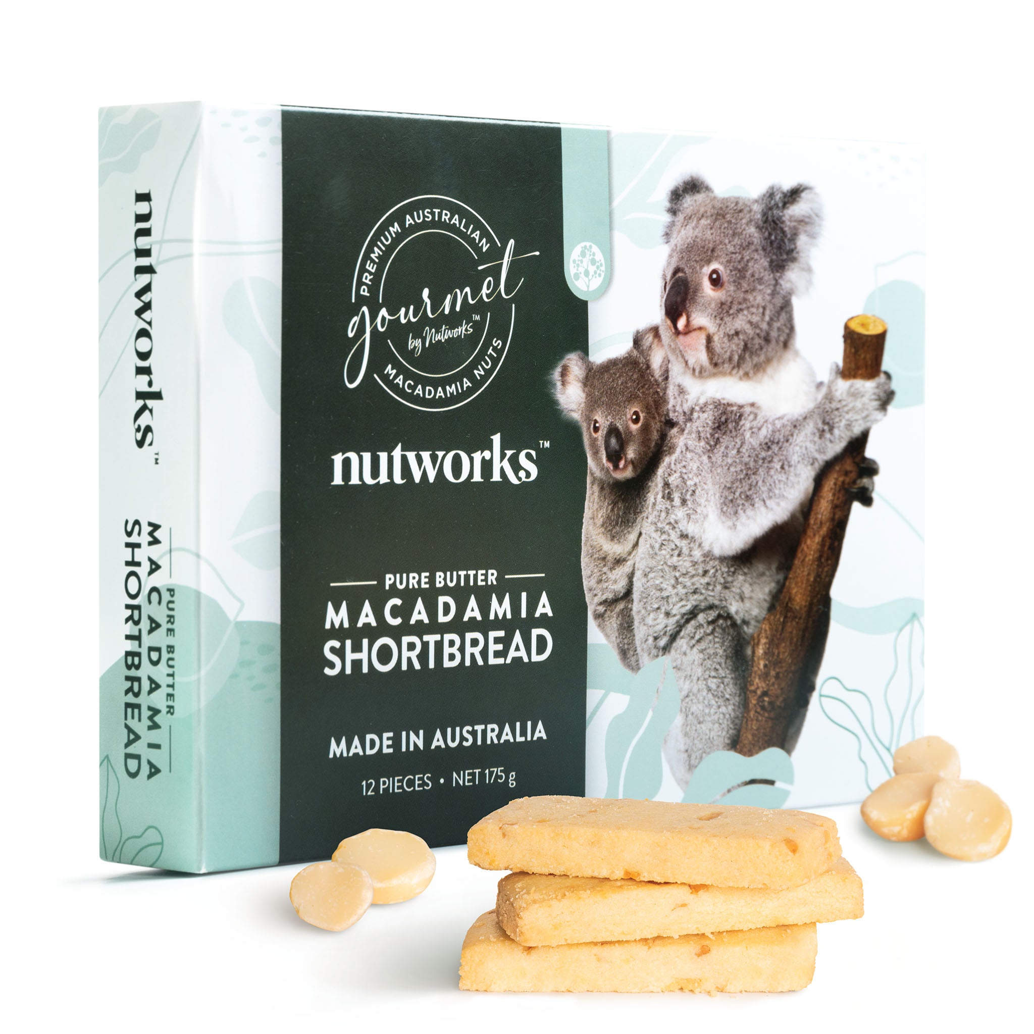 Box of Nutworks Macadamia Shortbread with koala illustrations on a white background