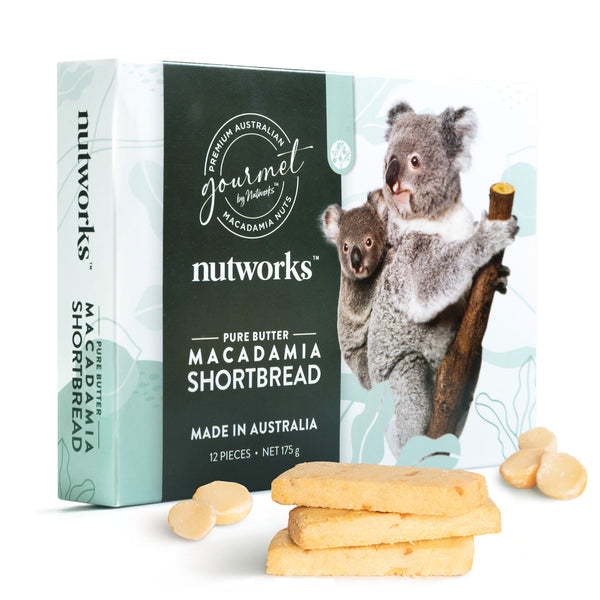 Box of Nutworks Macadamia Shortbread with koala illustrations on a white background