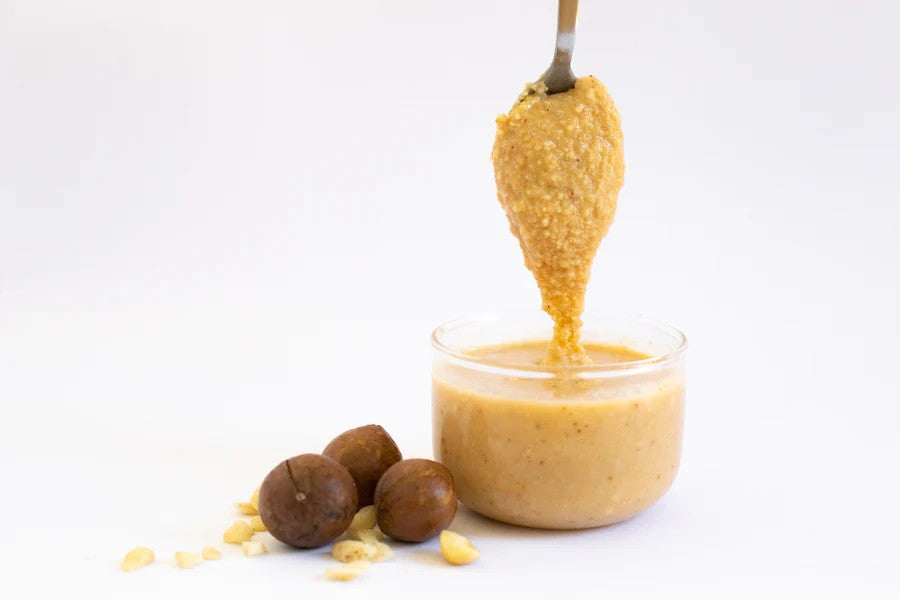 Jar of macadamia butter with a spoon lifting a scoop, surrounded by macadamia  shell on a white background photo from Nutworks
