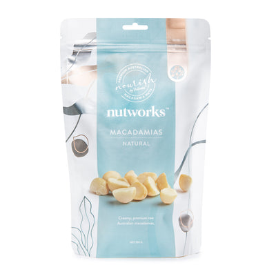 200g Packaging of Nutworks Natural Macadamias showing the nuts in an open clear section with a blue and white brand design.