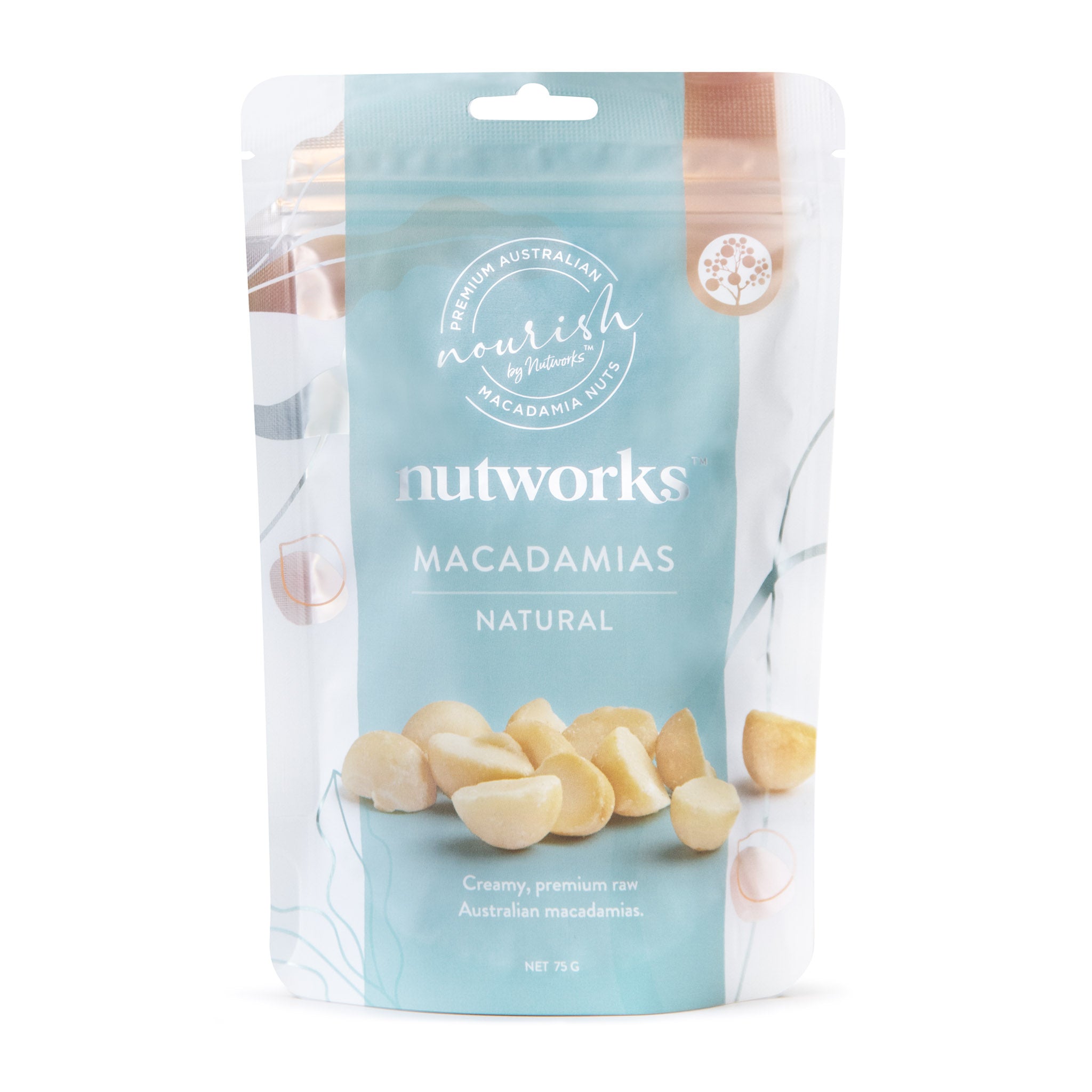 75g Packaging of Nutworks Natural raw Macadamias showing the nuts in an open clear section with a blue and white brand design.