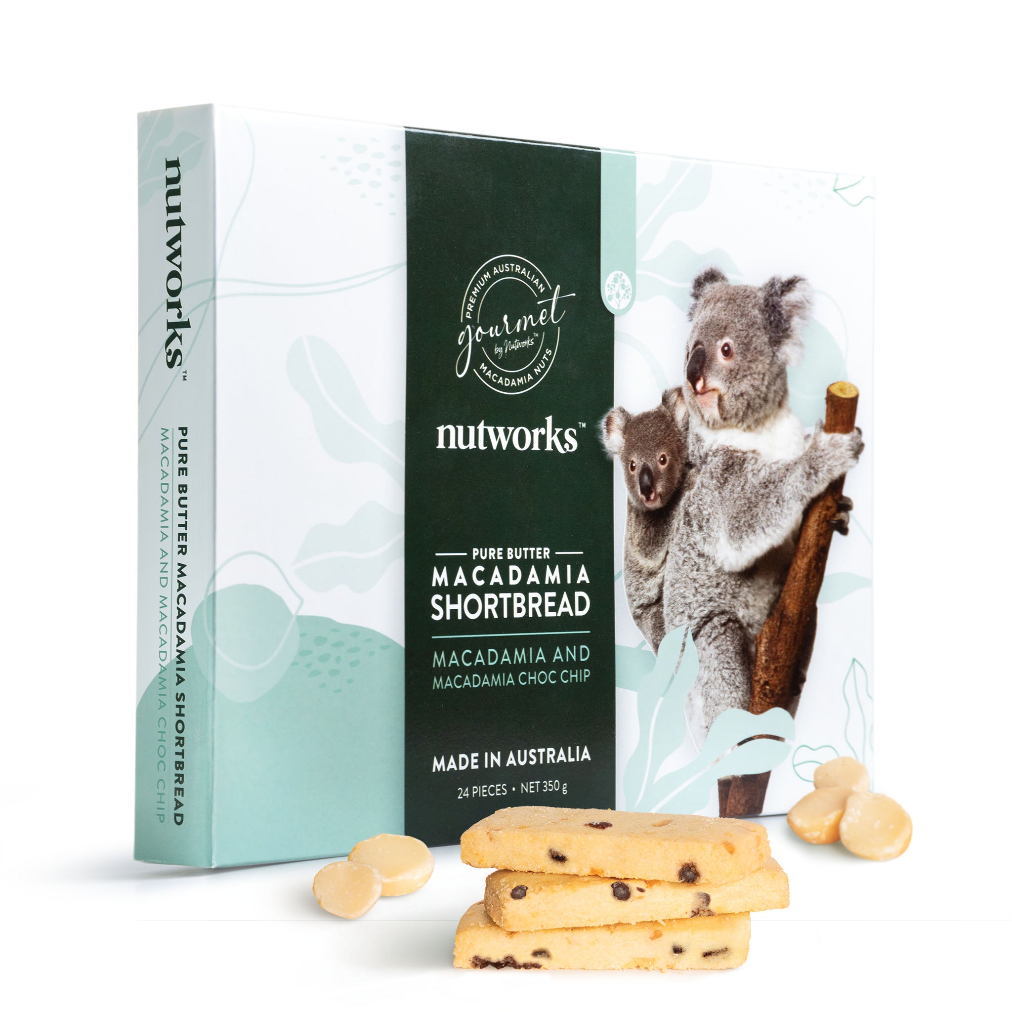 350g Nutworks Macadamia Shortbread packaging with cookies and koala illustration on a white background
