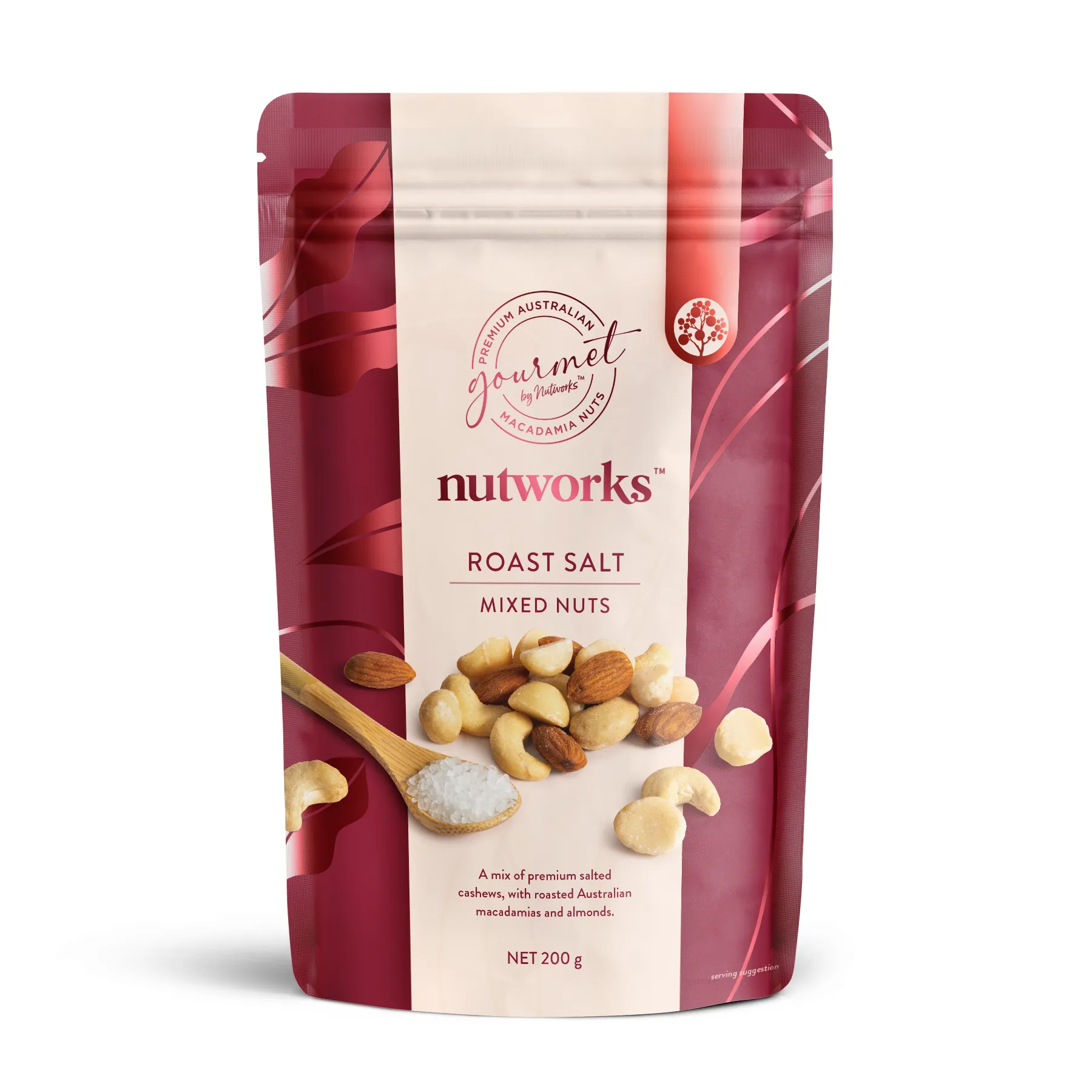 200g Packaging of Nutworks Roast Salt Mixed Nuts on a white background