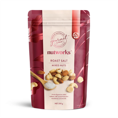 200g Packaging of Nutworks Roast Salt Mixed Nuts on a white background
