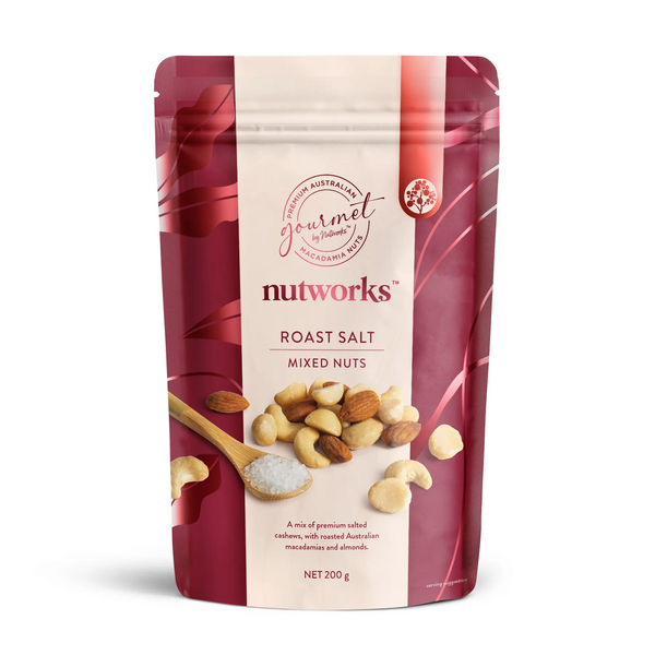 200g Packaging of Nutworks Roast Salt Mixed Nuts on a white background
