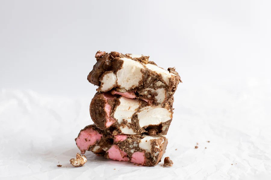 Stack of Rocky Road Macadamia, chocolate and marshmallow candy on a white background photo from Nutworks