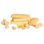 Stack of Macadamia Shortbread cookies with visible macadamia nuts and crumbled cookie pieces on a white  background from Nutworks.