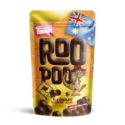 Packaging of Roo Poo chocolate raspberry jellies 200g product with Australian flag and kangaroo illustration on a white background