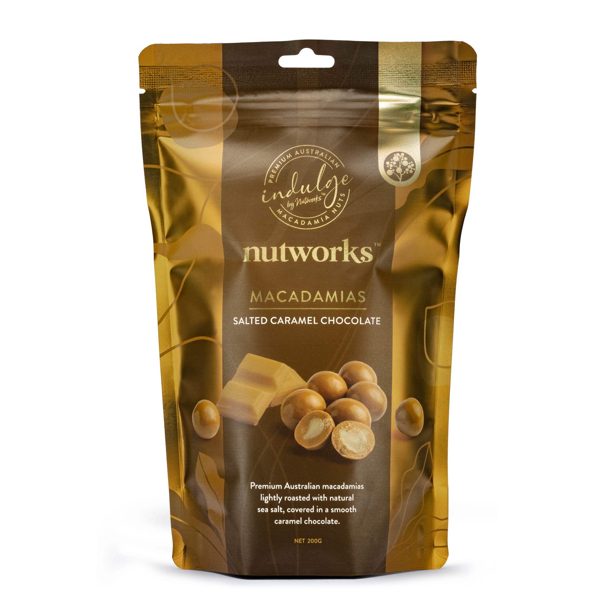 200g Nutworks Salted Caramel Chocolate Coated Macadamia Nuts Premium Packaging Bag