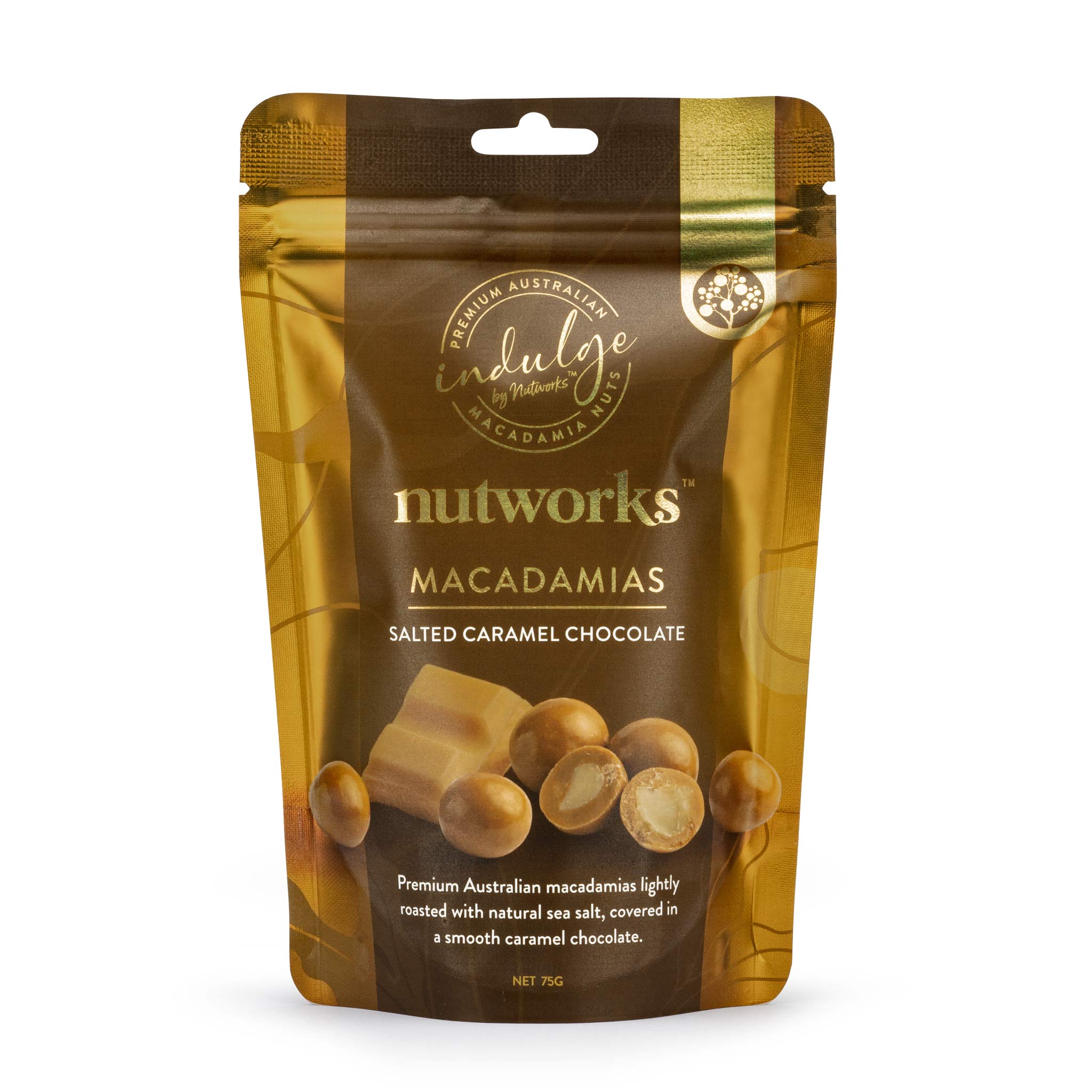 75g Nutworks Salted Caramel Chocolate Coated Macadamia Nuts Premium Packaging Bag