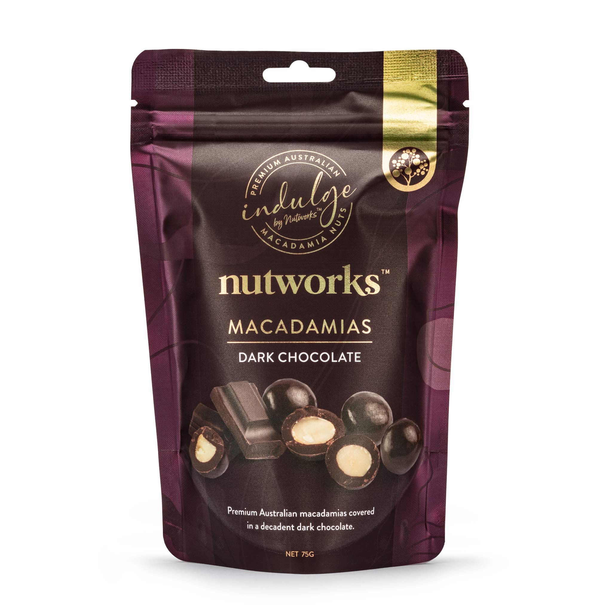 Nutworks premium milk chocolate covered macadamia nuts 75g packaging 