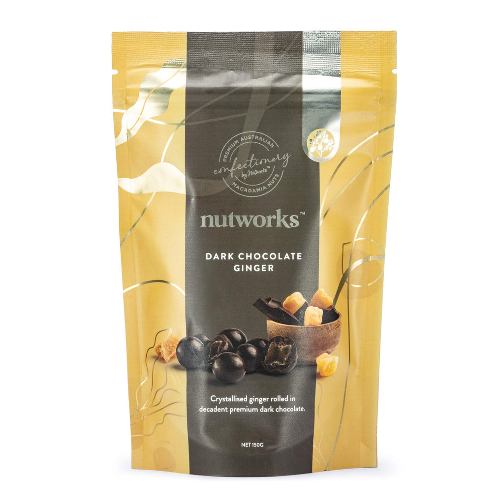 150g Packaging of Nutworks Dark Chocolate Ginger, showing a clear window with the product inside, crystalised ginger covered in dark chocolate, and text describing the product.