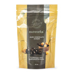 150g Packaging of Nutworks Dark Chocolate Ginger, showing a clear window with the product inside, crystalised ginger covered in dark chocolate, and text describing the product.