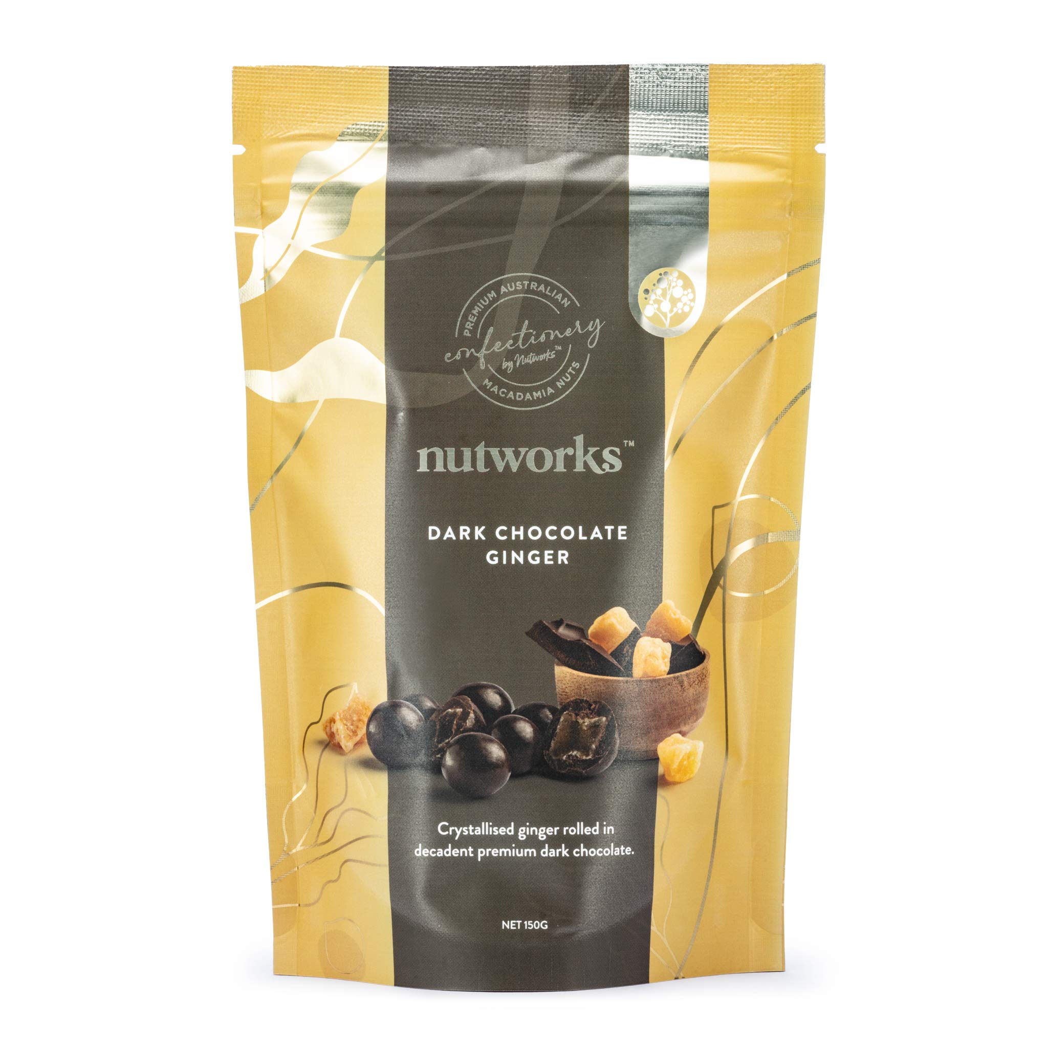 150g Packaging of Nutworks Dark Chocolate Ginger, showing a clear window with the product inside, crystalised ginger covered in dark chocolate, and text describing the product.