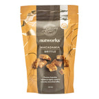 150g Packaging of Nutworks Macadamia Brittle showing the product name and images of macadamia nuts and caramel pieces on the front.