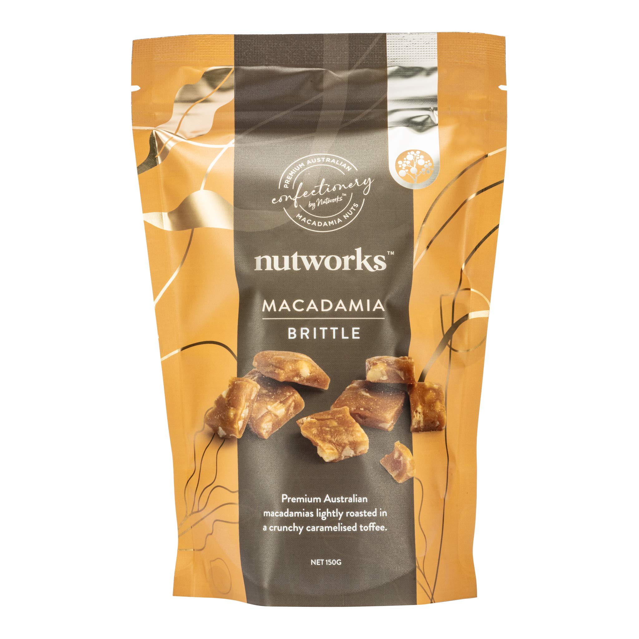 150g Packaging of Nutworks Macadamia Brittle showing the product name and images of macadamia nuts and caramel pieces on the front.