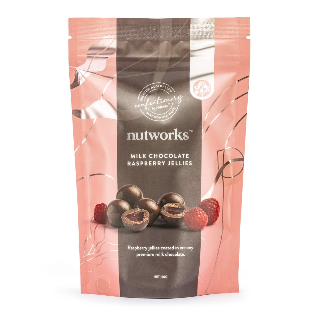 150g Packaging of Milk Chocolate Raspberry Jellies by Nutworks showing the product name and an image of raspberries and chocolate.