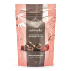 150g Packaging of Milk Chocolate Raspberry Jellies by Nutworks showing the product name and an image of raspberries and chocolate.