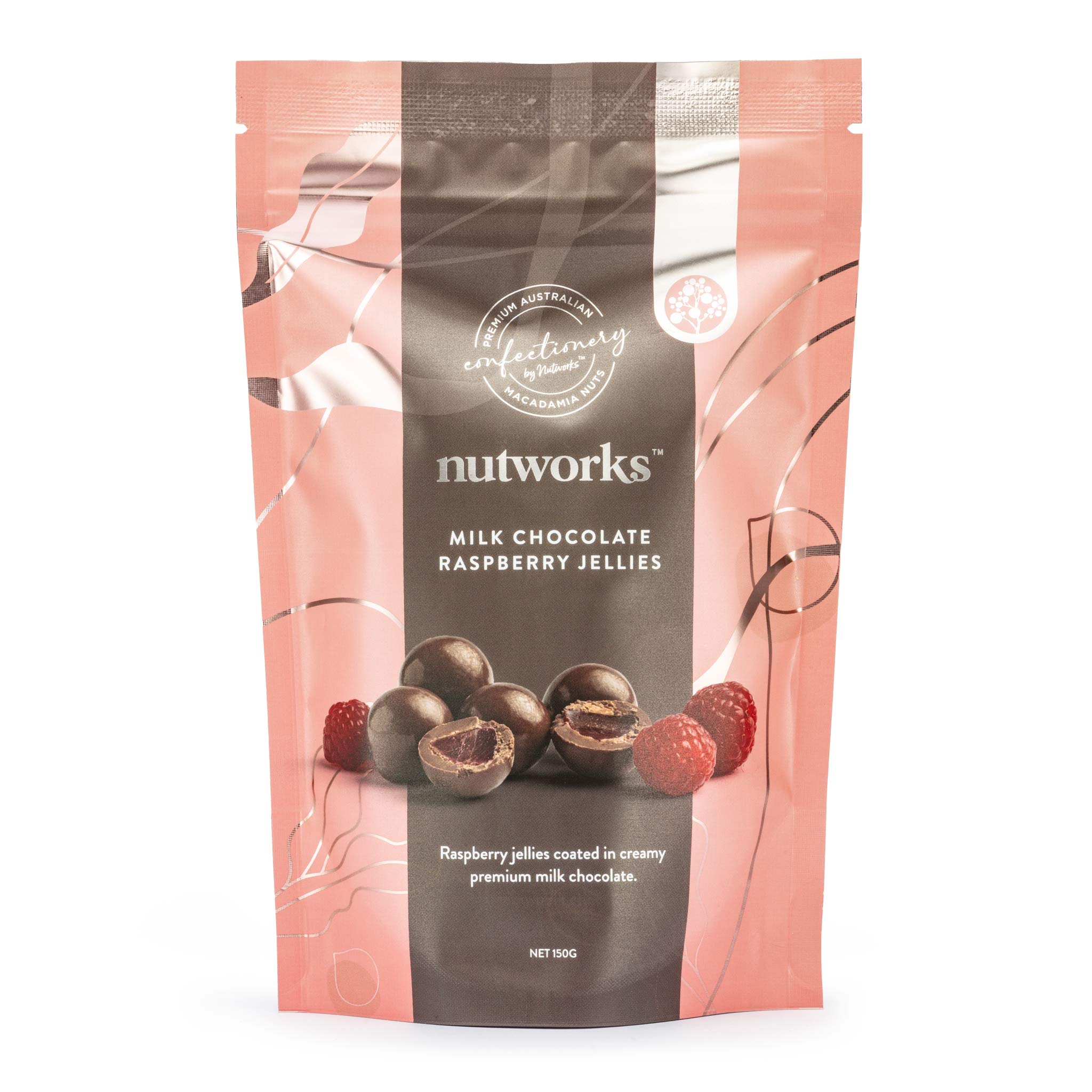 150g Packaging of Milk Chocolate Raspberry Jellies by Nutworks showing the product name and an image of raspberries and chocolate.