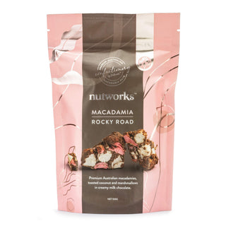 100g Packaging of Nutworks Macadamia Rocky Road, showing the product name and images of macadamias, marshmallows, and chocolate.
